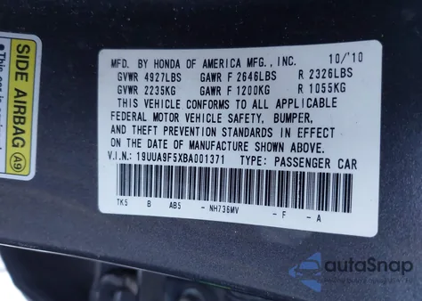 2011 Acura Tl 3.7 из США, поврежденный, VIN 19UUA9F5XBA001371